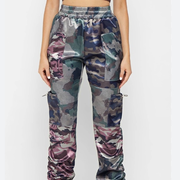 ♥️ Maniere De Voir Satin Camo Cargo Pants Joggers khaki pink purple 8 MDV - Picture 4 of 15